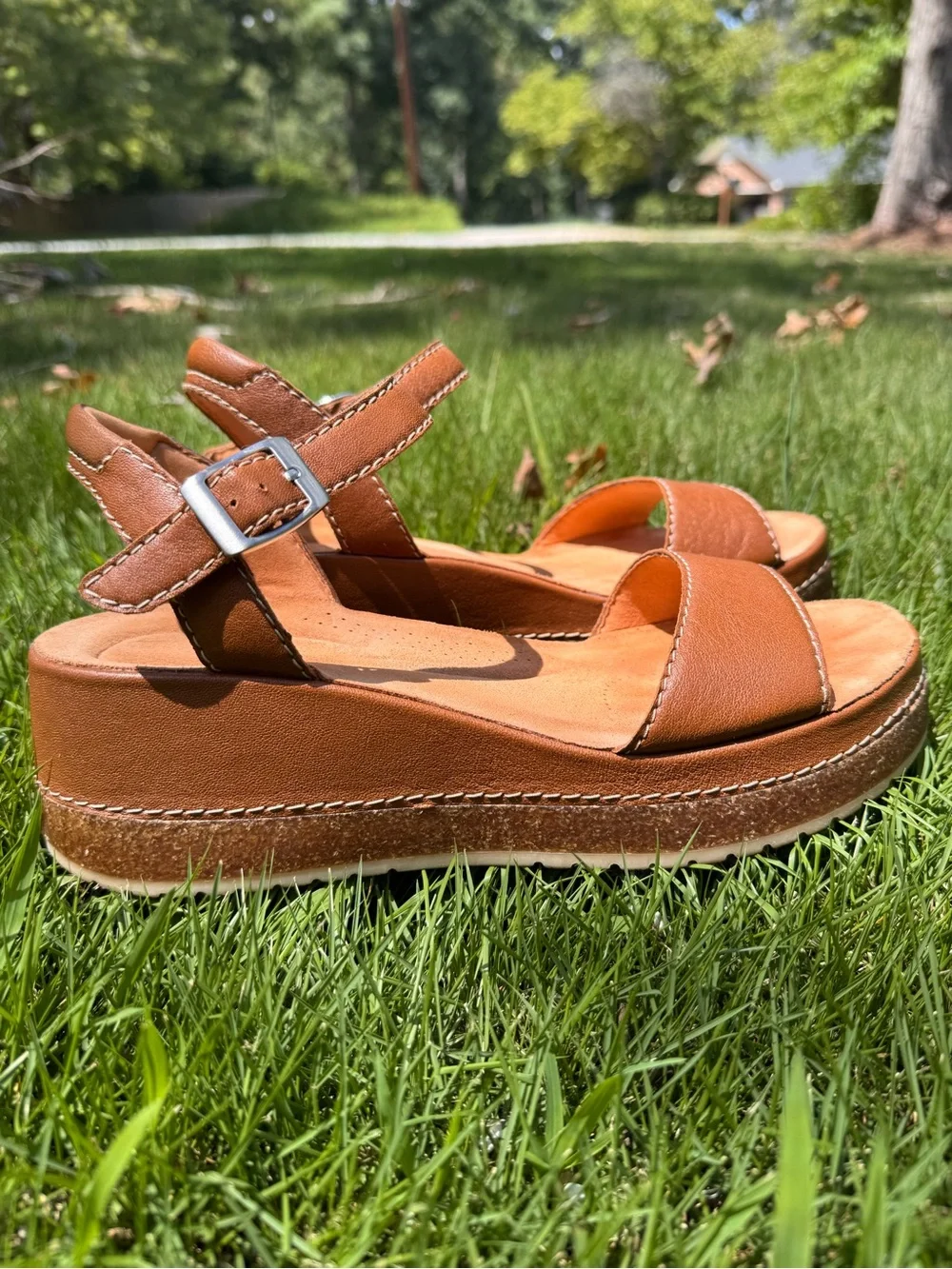 Clarks Kassanda Lily Tan Leather Platform Wedge Sandals W/ Ankle Strap 9W